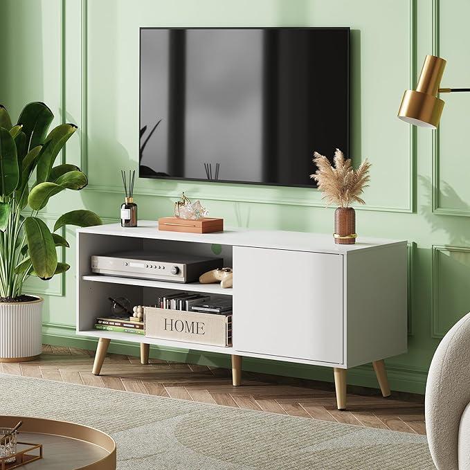 WLIVE TV Stand for 55 Inch TVs, Entertainment Center with Storage Cabinet, Mid-Century TV Stands for Living Room and Bedroom, 50" TV Console, White