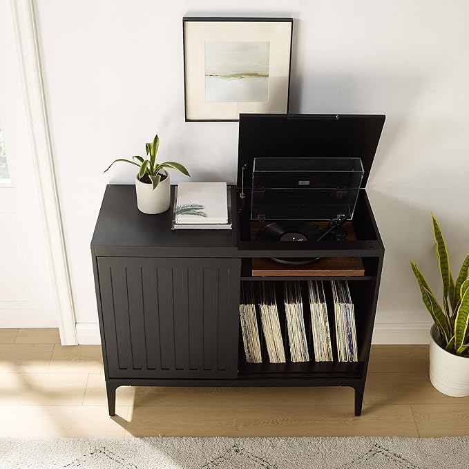 Crosley Furniture Asher Media Console and Record Player Stand with Storage for Vinyl Records, Matte Black