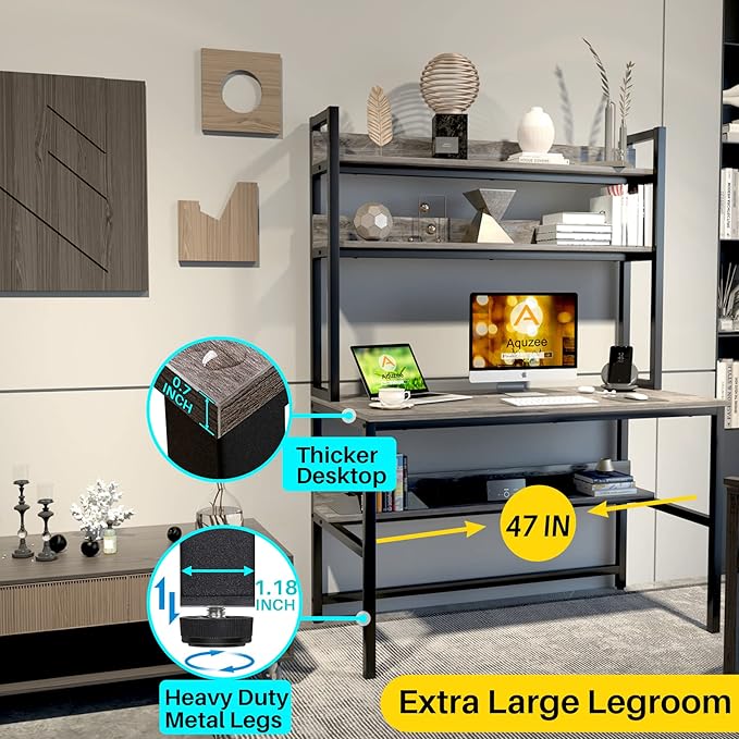 Aquzee Desk with Hutch Bookshelves, Computer Desk with 3 Tiers Storage Shelves, Space Saving Design Black Metal Legs Desk with Grey Board, Easy Assemble