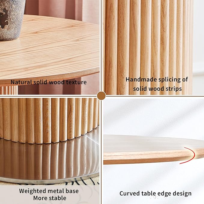 Round Wood Dining Table，Wooden Trestle Pedestal Base on Stainless Steel Plate，Small Space Kitchen Table，34.25" Modern Circular Tabletop for Kitchen, Dining Room, Restaurant，Cafe (Natural)