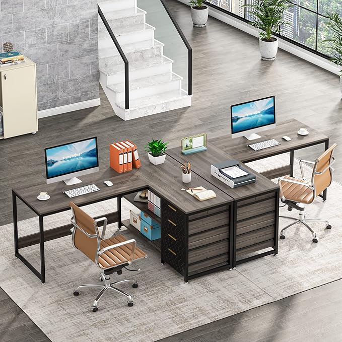 LITTLE TREE 59-Inch L Shaped Desk with Drawers, Large Computer Desk with Storage Shelves, Reversible L-Shaped Corner Desk Workstation for Home Office