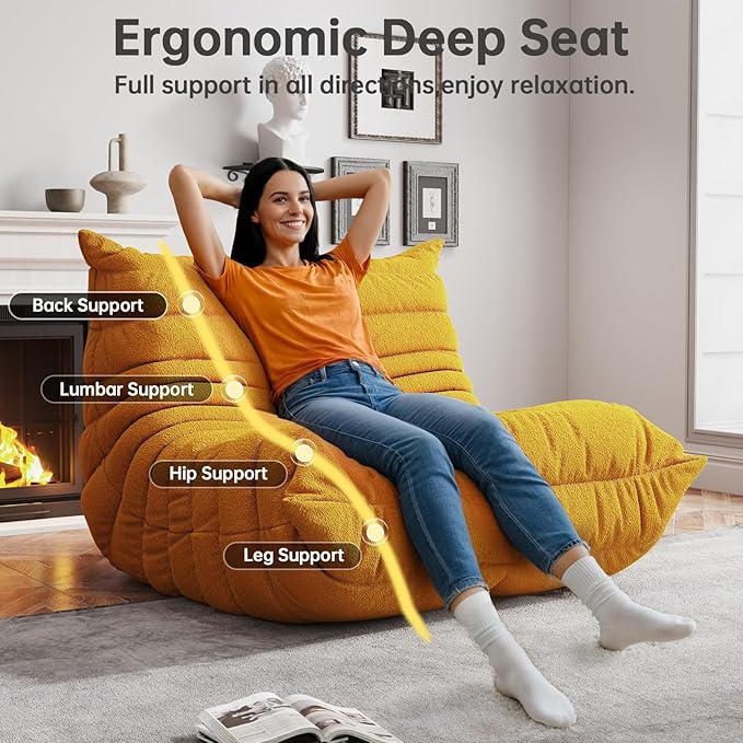 Bean Bag Chairs for Adults, BeanBag Reading Chair Memory Foam Couch, Floor Chair Soft Teddy Material, Comfy Reading Nook Chairs for Bedroom Living Room Office (Yellow)