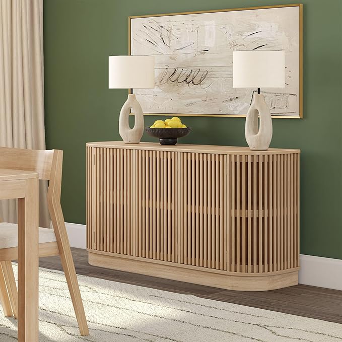 Plank+Beam Contour Wood TV Stand, Three Door Solid Wood Entertainment Console with Storage, 59" L x 16" W x 30" H, Blonde