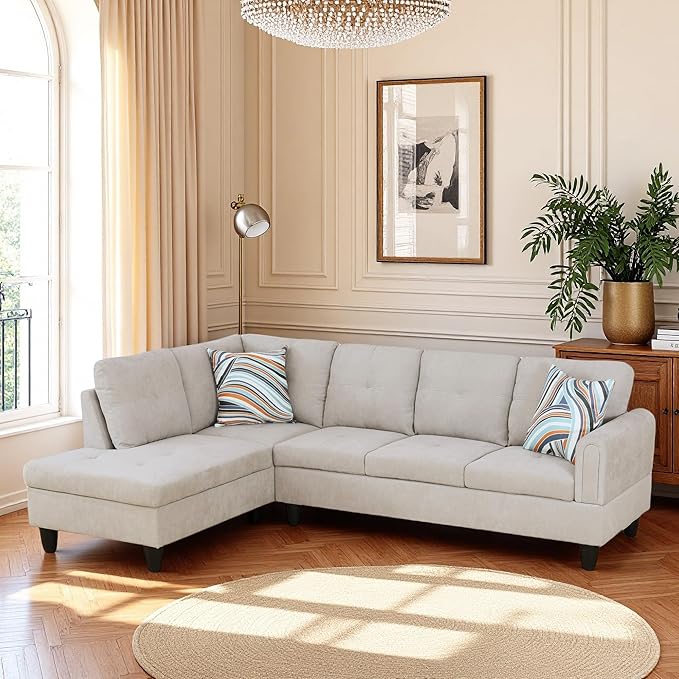 L Shaped Couch Sectional Couches with Chaise, Fluffy Fabric 3 Pieces Modular Convertible Sofa for Living Room Furniture Sets and Small Apartment, Light Grey