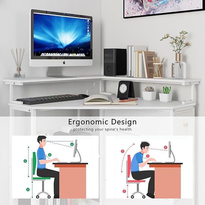 Corner Desk with Drawers Shelves for Small Space 90 Degrees Triangle Computer Desk with Power Outlets,Gaming Desk with LED Lights Monitor Stand for Home Office Workstation Writing Table (White)
