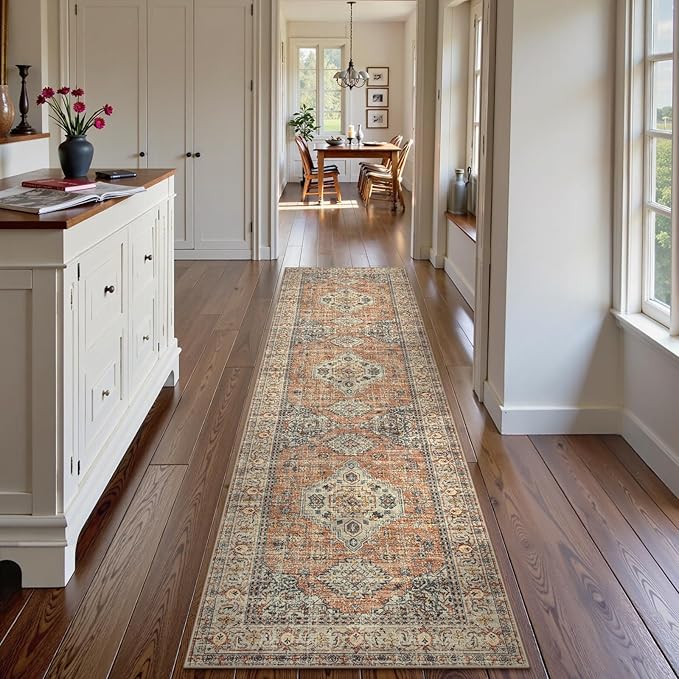 Lahome Oriental Hallway Runner Rug, 2.5x8 Kitchen Runner Non Slip Ultra-Thin, Soft Washable Hallway Rug Distressed Non Shedding Long Carpet for Entryway ‎Laundry Room Bathroom, Peach/Orange