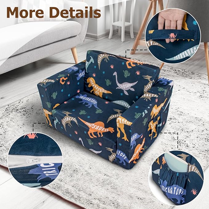 Kids Couch, 2-in-1 Kids Fold Out Couch, Convertible Kid Sofa to Lounger for Girls and Boys, Soft Toddler Chairs Comfy 1-3 Years Old (Dinosaur)