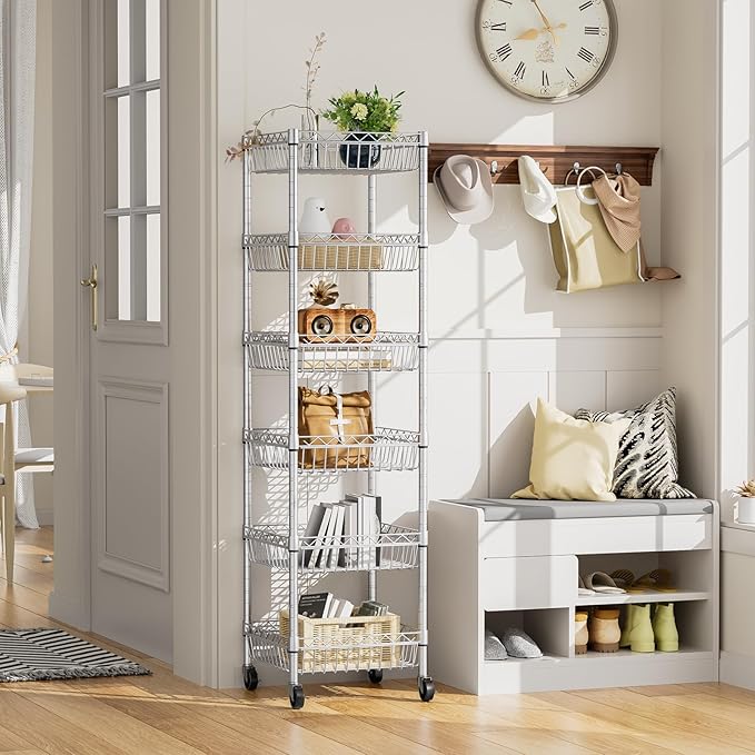 SINGAYE 6 Tier Shelf Adjustable Storage Shelves Rack Standing Units with Wheels Closet Wire Shelving Organizers Metal Pantry Kitchen Laundry Room 13.5" D x 13.5" W x 63" H Silver