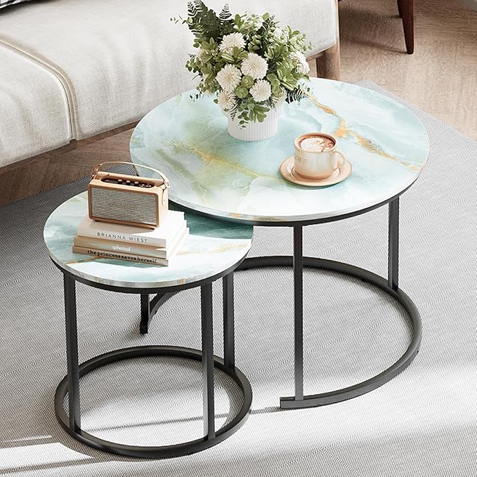 Garden 4 you Nesting Coffee Table, 23.6" Round Coffee Table Set of 2, Wooden Nesting Table Set for with Metal Frame, Side Tables for Living Room Bedroom Balcony, Blue
