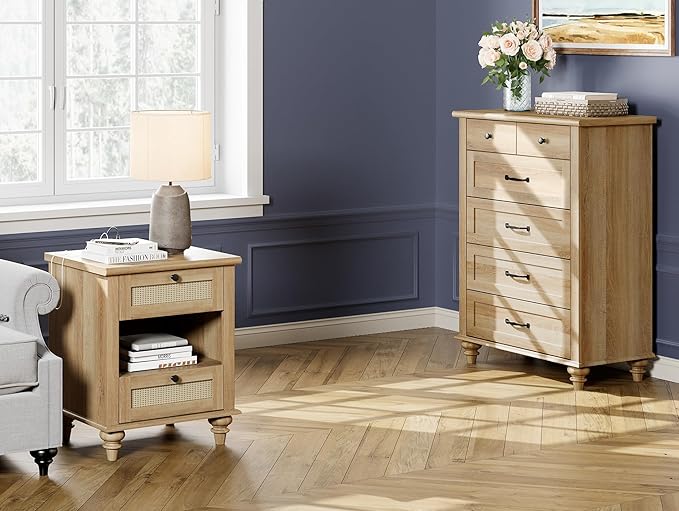 WAMPAT Rattan Nightstand Side Table with Charging Station, Light Wood End Table with 2 Drawers for Living Room, Rustic Farmhouse Night Stand Bedside Table for Bedroom, Oak