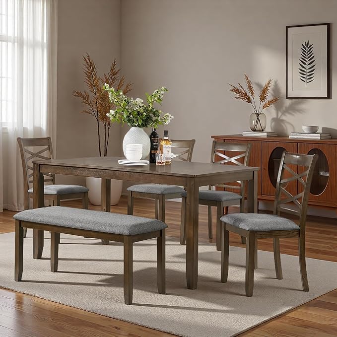 Dining Table Set, Wooden Kitchen Table Set with Rectangular Table, 4 Flat X Backrest Upholstered Chairs & a Bench, Table and Chairs with Non-Slip Feetmats for 6 People, Living Room, Walnut