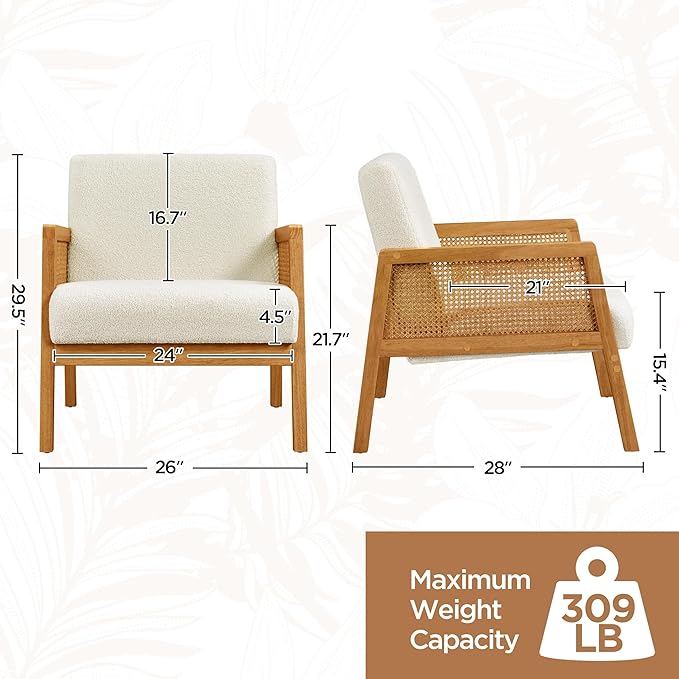 Yaheetech Boucle Fabric Accent Chair, Vintage Rattan Vanity Chair with Wood Armrest and Legs for Living Room Bedroom Makeup Room, Ivory 1