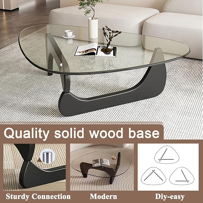 Modern Glass Coffee Table for Living Room, Mid Century Small Coffee Tables, Suitable for Bedroom Living Room Reception Office Tables（Black/Transparent，Medium）
