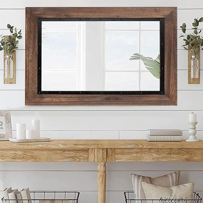 YOSHOOT Rustic Wooden Framed Wall Mirror, 30"x20", Natural Wood and Iron Bathroom Vanity Mirror for Farmhouse Decor, Vertical or Horizontal Hanging