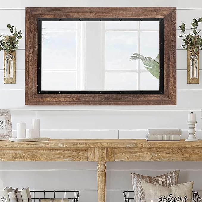 YOSHOOT Rustic Wooden Framed Wall Mirror, 40"x26", Natural Wood and Iron Bathroom Vanity Mirror for Farmhouse Decor, Vertical or Horizontal Hanging