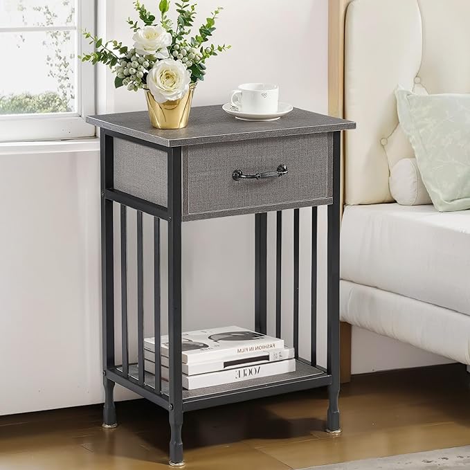VECELO Nightstands Set of 2, Industrial Side Table/End Tables with Drawer and Storage Shelf, Night Stands for Bedroom, Living Room, Wood Metal Furniture, Easy Assembly
