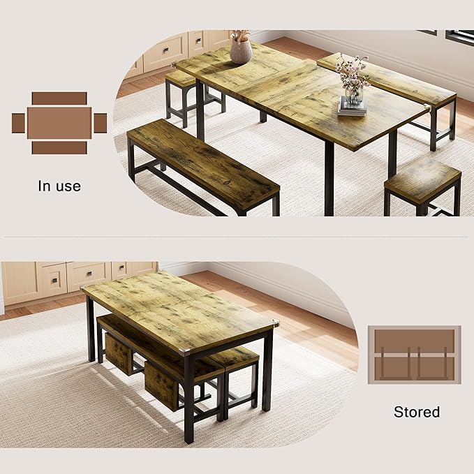 5 Piece Dining Table Set for 4-6, 63" Extendable Kitchen Table Set with 2 Benches & 2 Stools, Farmhouse Dining Room Table for Small Space, Metal & Wood Support, Rustic Brown