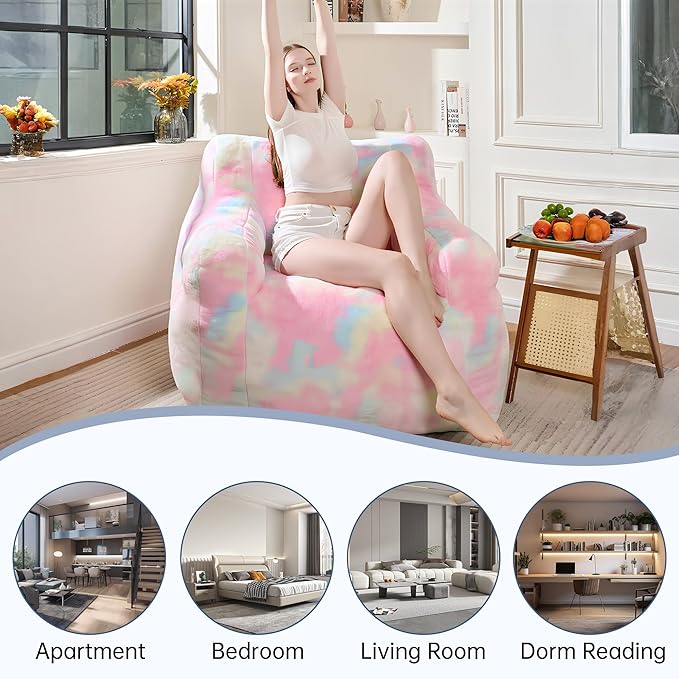 Large Bean Bag Chairs for Adults & Kids, 3FT Memory Foam Bean Bags with Filler, Ultra Soft Faux Fur Fabric - Fluffy Bean Bag Chair for Living Room Bedroom College Dorm (Colorful)
