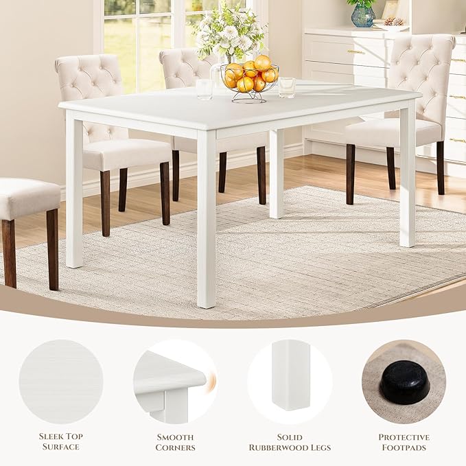 COLAMY 60 Inch Rectangular Kitchen Dining Table for 6, Modern Farmhouse Dining Table Set for 6, Wood Dining Table and Upholstered Dining Chairs for Kitchen, Dining Room, Restaurant, White/Blue