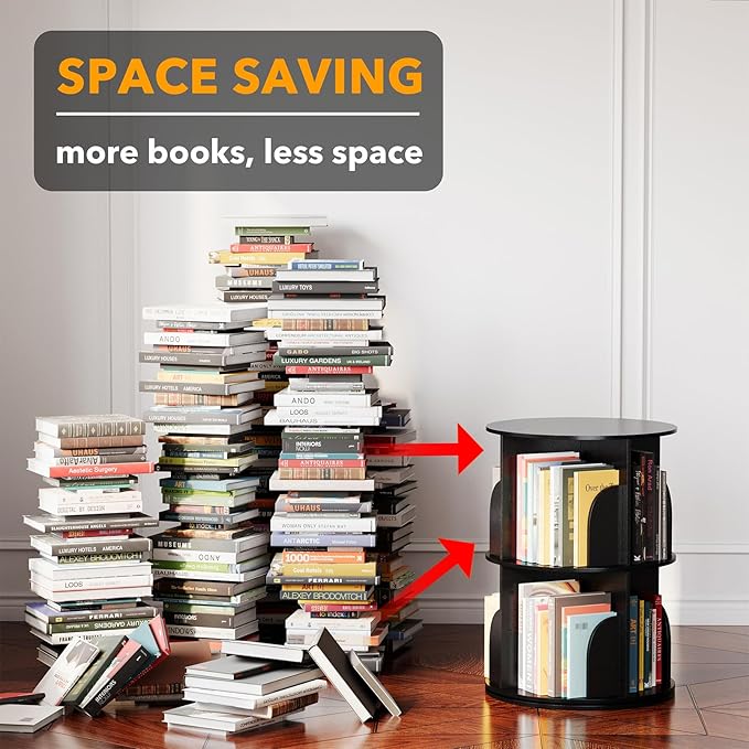 SpaceAid 2 Tier Rotating Bookshelf Tower, Spinning Bookcase Lazy Susan, Revolving 360 Book Shelf Storage Round Carousel, Vertical Rotate Turning Spiral Corner Organizer, Black