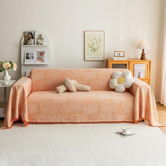 STACYPIK Boho Large Sofa Cover for Pets, Orange Geometric Couch Cover for 2 Cushion Sofa, Washable Dogs Protector for Living Room Anti-Slip Sectional Covers for Loveseat Tassel Throw Blanket-71X118IN