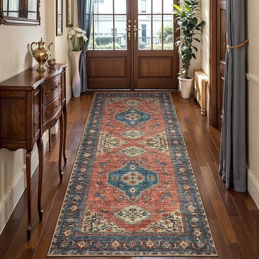 Tangsoo 2x6 Washable Runner Rug for Hallways, Non Slip Vintage Runner Rug, Soft Low Pile Long Rug Runner, Print Distressed Carpet Runners for Kitchen Bedroom Entryway Bathroom Living Room Terracotta