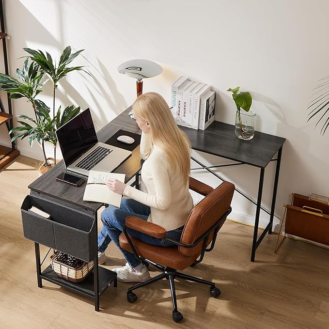 Whitmor L Shaped Gaming Desk - 50 Inch Reversible Corner Computer Desk with Wood Top, Metal Frame, CPU Stand & Side Bag, Home Office Dorm Sturdy Writing Workstation, Grey