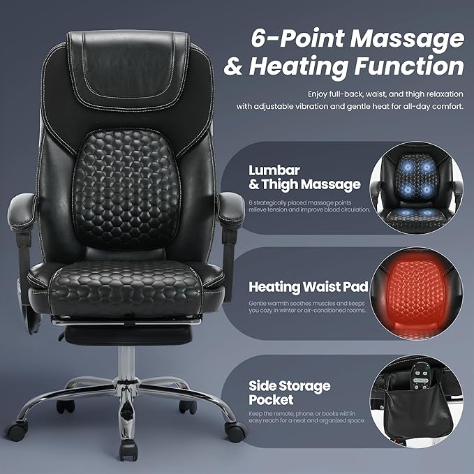 2-Pack Massage Office Chair with Heat and Footrest, Ergonomic Reclining Leather Executive Computer Desk Chair with Wheels, Big and Tall Adjustable Chair for Home Office and Gaming, 300 lbs Support