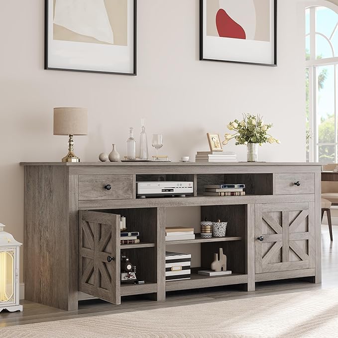 YITAHOME TV Stand for 75/80 Inch TV, Farmhouse Entertainment Center with Storage, 70 Inch TV Cabinet with Drawers and Power Outlet, TV Console for Living Room (Grey Oak)