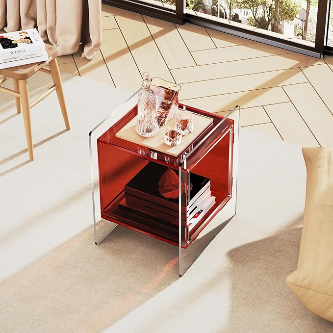 Acrylic Nightstand Colorful Bedside Table with Open Storage Shelf,Clear Side Table for Living Room (1, Red)