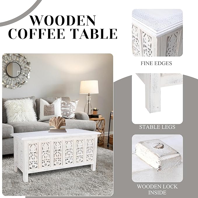 Rectangular Wooden Coffee Table, Modern Wooden Coffee Table, Center Tables, Entryway Table, Living Room Table for Magazines, Books, and Plants - 36x18 Inch White