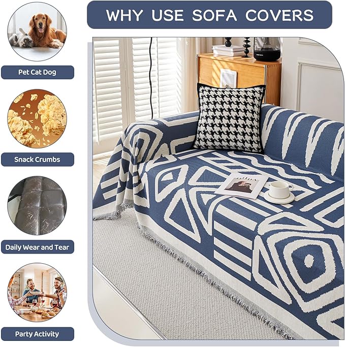 STACYPIK Boho Chenille Blue Sofa Cover L Shaped Couch Cover Reversible Couch Cover for 3 Cushion Couch Non-Silp Furniture Cover for Dogs Cats Sectional Sofa Cover for Loveseat Futon Cover-91X150IN
