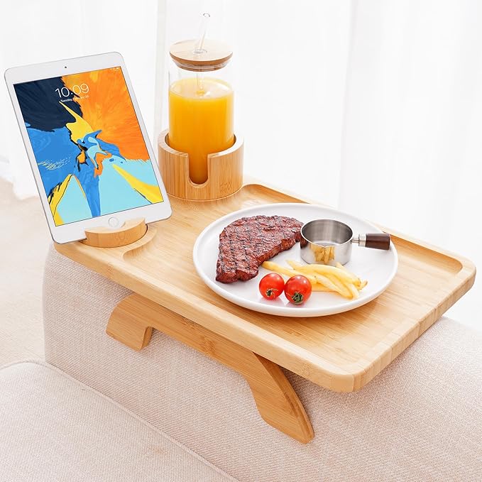 Nnewvante Couch Table on Arm,3 in 1 Large 15.36"x9.85" Bamboo Couch Cup Holder Sofa Arm Clip on TV Tray Table with 360°Rotated Phone/Cup Holder