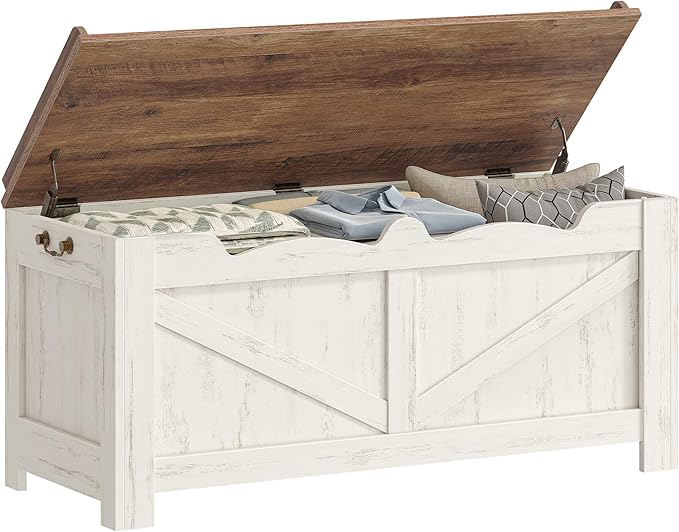 39.4" Storage Chest, Extra Large Storage Trunk with 2 Safety Hinges, Wooden Box Bench, Lift-Top Organizer Chest, Shoe Bench for Entryway, Bedroom, Living Room, White and Brown SB04514B