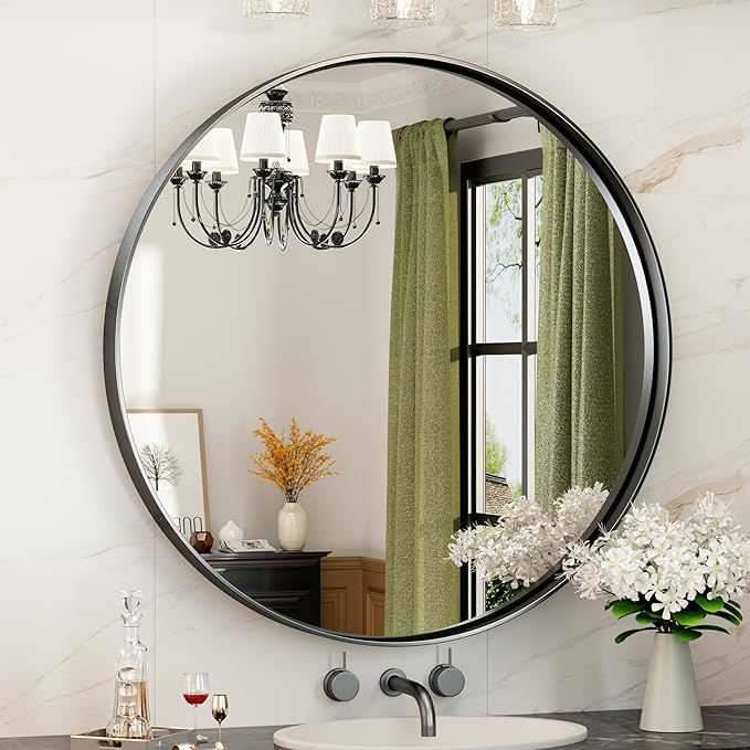 TokeShimi Black Round Mirror 30 Inch Black Circle Wall Mirror Non-Rusting Aluminum Alloy Brushed Matte Metal Frame Round Bathroom Mirror for Modern Minimalist Home Decor