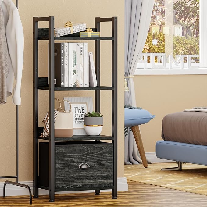 Furologee 4 Tier Bookshelf with Drawer, Small Narrow Bookcase, Wood and Metal Standing Shelf Unit, Industrial Display Storage Shelves Organizer for Bedroom, Living Room, Entryway, Black