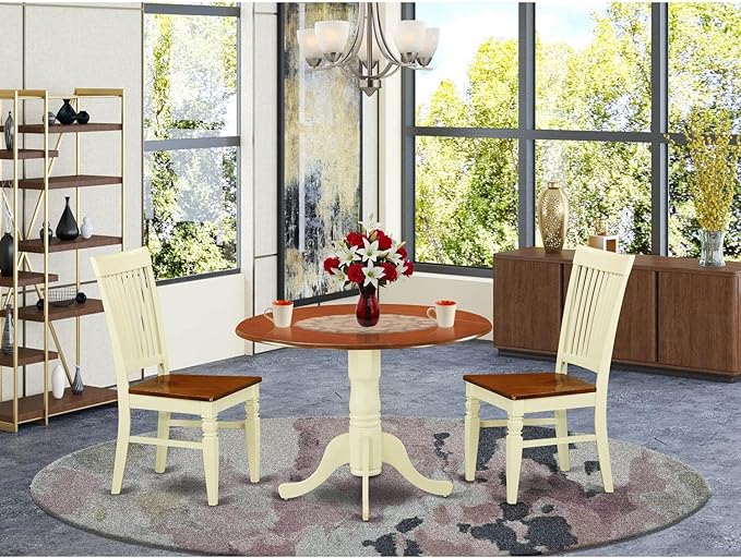 East West Furniture DLWE3-BMK-W 3 Piece Dining Set Contains a Round Dining Room Table with Dropleaf and 2 Wood Seat Chairs, 42x42 Inch, Buttermilk & Cherry