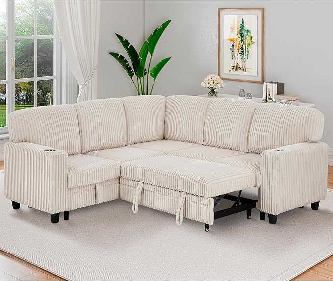 Ball & Cast Modular Sectional Sleeper Sofa Bed,L-Shaped Couch W/Pull Out Bed and USB Charging,Cupholders&Storage Seats,Convertible Sleeper Sofa Beds for Living Room,Apartment,Corduroy Fabric,Beige,81"