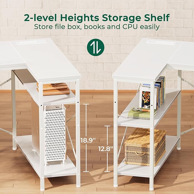 Huuger L Shaped Office Desk with Power Outlets, 47 Inch Computer Desk with 3 Drawers, Shelves, for Gaming, Corner Work, Home Office, Study, White