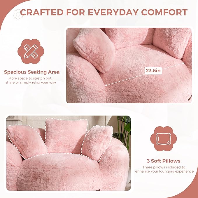 MAXYOYO Bean Bag Chair with 3 Pillows, Oversized Floral Shaped Bean Bag Sofa for Adults, Ultra Soft Faux Fur Floor Sofa, Large Stuffed Reading Chair for Living Room Bedroom, Pink