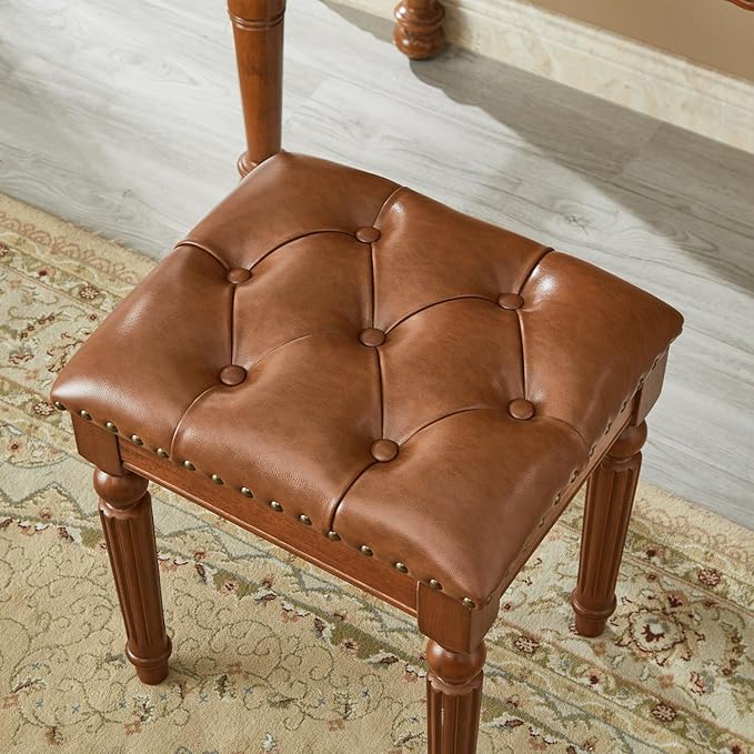 Vanity Bench Stool with Microfiber Leather Cushion, Vanity Chair Ottoman Dressing Stool with Solid Wood Legs for Bedroom, Makeup Room, Dressing Room (Brown)