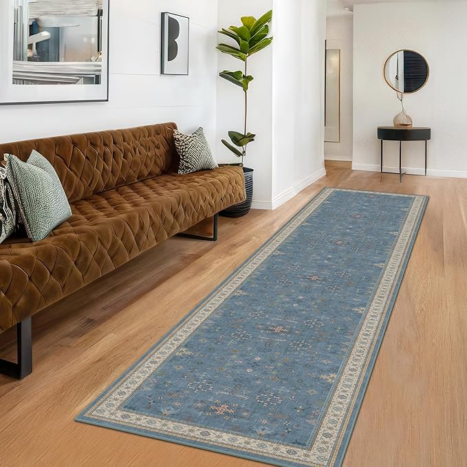 Non Slip 10ft Long Hallway Runner Rug Blue - 2 x 10 Runner Rug, Washable & Waterproof 2x10 Kitchen Floor Mat - Modern Eclectic Boho Design Décor
