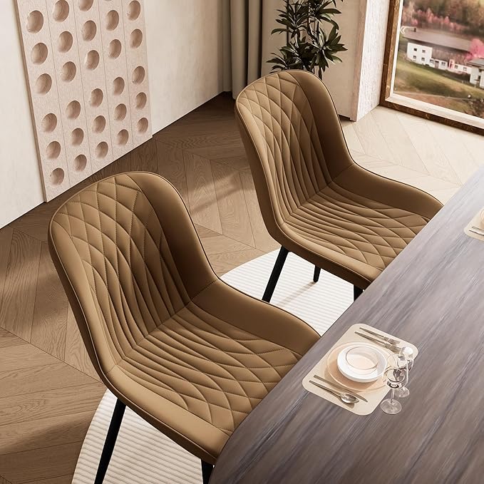 YOUNIKE Tan Dining Chairs Set of 2 with High Backs Mid Century Modern Kitchen & Dining Room Chairs PU Faux Leather Upholstered Comfortable Wide Seat Padded Accent Side Chair for Living Waiting Room