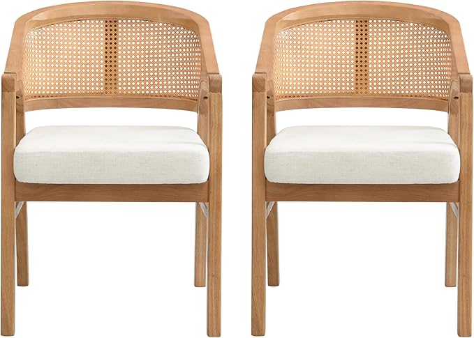 Christopher Knight Home Faritel Modern Wooden Dining Chairs Set of 2, Fabric Upholstered Kitchen Side Armchairs, Living Room Comfy Reading Chair with Curved Rattan Back, Natural Oak+Beige