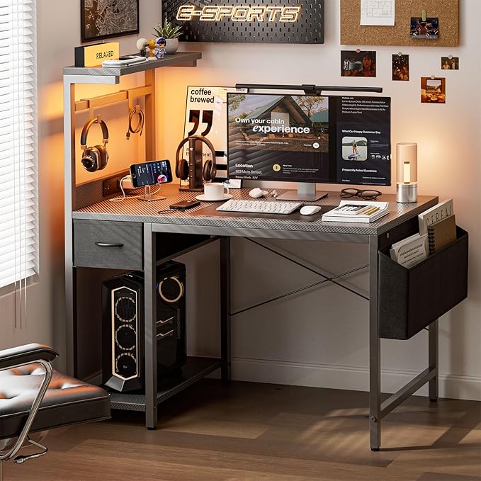 Gaming Desk 47 Inch with Power Outlet and LED Light, Computer Desk with Reversible Shelves and Storage Drawer, Pc Small Desk for Home Office Table with Bag, Carbon Fiber Grey