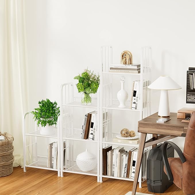 Bookshelf Storage Shelf Small Bookcase Freestanding Storage Stand for Living Room Bedroom, Kitchen, Rust Resistance, Easy Assembly Free Combination Multi-Functional Organizer (4 Tiers, White)