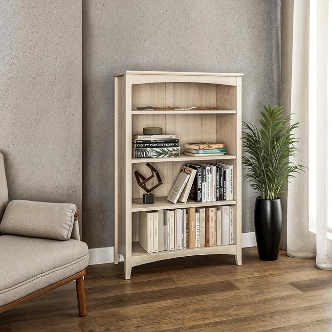 Camaflexi Shaker Style 4 Shelf Bookcase/Solid Wood / 48" High/Adjustable Shelving/Closed Back/Display Bookshelf for Living Room, Bedroom, Home and Office, Light Oak