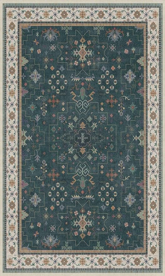 Dark Green Oushak 3x5 Large Entryway Rug - Modern Vintage Boho Eclectic Floral Pastel, Washable Low Pile Non-Slip Area Rugs for Door Mat Indoor Entrance, Kitchen, Bedroom Beside Bed, Laundry