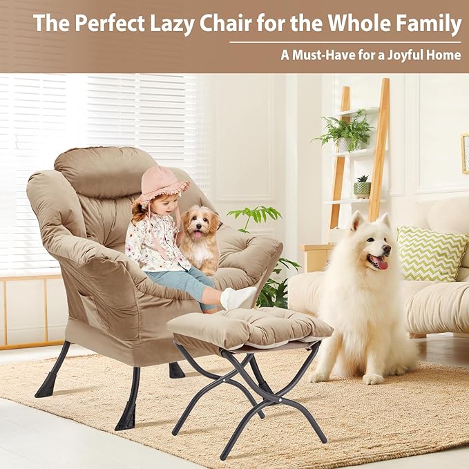Lazy Chair with Folding Ottoman, Accent Chair Velvet Upholstered with Metal Structure and Non-Slip Pads, Sofa Armchair with Footrest and Side Storage Bag for Dorm, Room, Office, Khaki