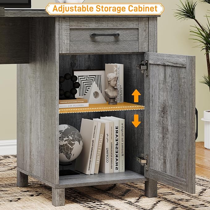 59” L Shaped Executive Desk with Power Outlets, Farmhouse Home Office Desk with Flie Drawer,Stroage Cabinet, Wood Corner Sturdy Writing Workstation.(Gray.